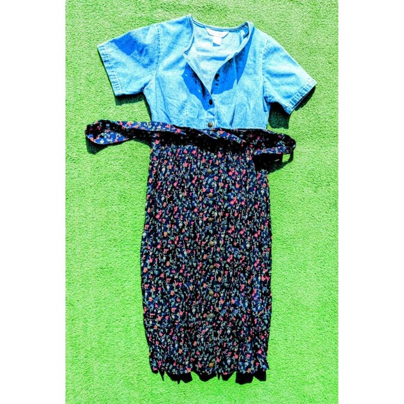 Vintage Cherokee Blue Jean Denim Petite Small Full-button Blouson Midi Dress EUC - Picture 5 of 6